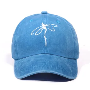 Unisex Washed Polyester Baseball Cap Cute Dragonfly Print Vintage Distressed Dad Hat Adjustable Sun Shade Outdoor Cap