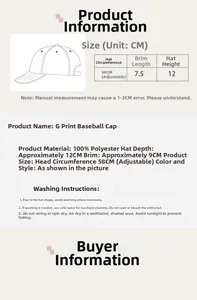 Detailed size chart for washed baseball cap showing adjustable 58cm circumference and depth
