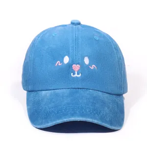 Washed blue denim baseball cap featuring cute cartoon animal face embroidery