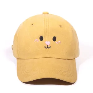 Classic yellow washed cotton baseball cap with cute marmot animal face embroidery