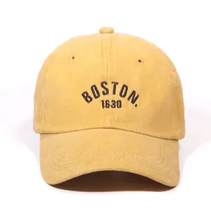 Yellow washed cotton baseball cap with black BOSTON 1630 embroidery for men and women