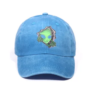 Vintage washed blue denim baseball cap with green alien print for men and women