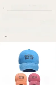 Détail montrant cinq couleurs de casquettes de baseball en coton lavé avec imprimé graphique