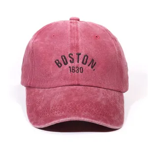 Vintage washed dark red cotton baseball cap with black Boston 1630 letter embroidery