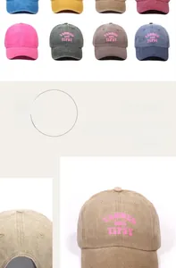 Detail view of TANNED print on washed denim baseball cap available in multiple colors