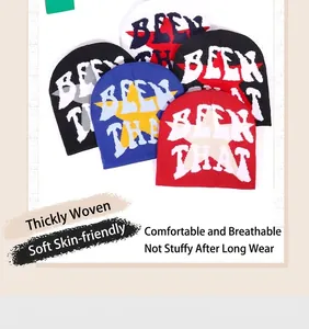 Flat lay of star pattern knitted beanies in black, blue, red, and white street styles