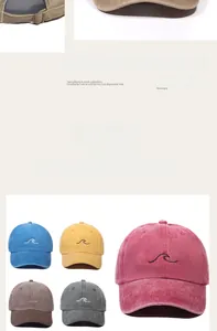 Détail d'une casquette de baseball en coton lavé avec broderie vague et boucle en métal