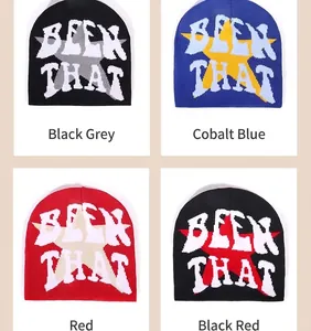 Four-grid view of knit beanies with BEEN THAT text and star patterns in multiple colors