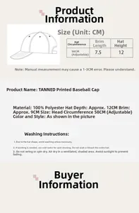 Size chart and washing guide for the TANNED washed denim baseball cap with adjustability