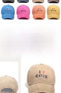 Detail of washed cotton baseball caps with adjustable metal buckle and printed logo