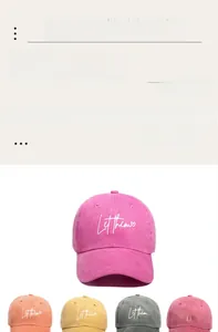 Detail of multi-color washed cotton baseball caps with embroidered Let them script