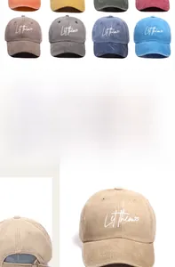 Detail of Let them embroidery on washed cotton baseball caps in multiple colors