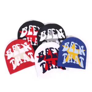 Y2K streetwear knitted beanie with star pattern and BEEN THAT lettering in various colors