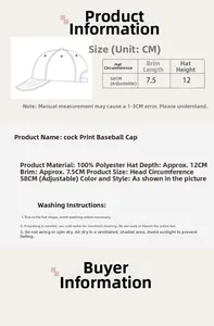 Size chart for washed baseball cap showing 58cm adjustable circumference and 12cm height
