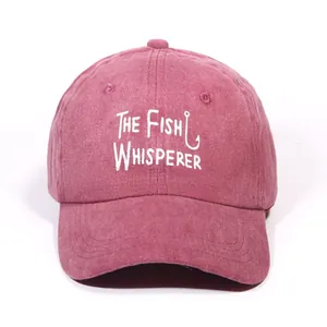 Vintage washed cotton baseball cap with The Fish Whisperer embroidery in grey pink color