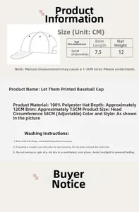 Size chart and specifications for the adjustable washed baseball cap with print details