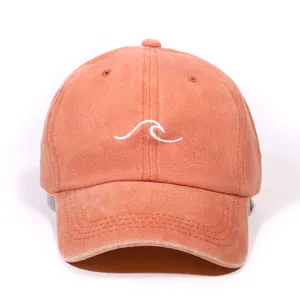 Casquette de baseball classique en coton lavé orange avec broderie de vagues blanche