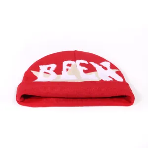 Red Y2K knit beanie with white BEEK letter pattern and cuffed street style design