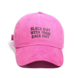 Casquette de baseball en coton lavé rose avec imprimé lettrage noir et visière courbée