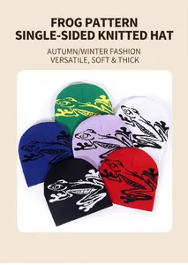 Detailed knit texture of six colorful beanies featuring cute frog jacquard patterns