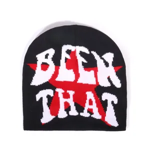 Black Y2K streetwear beanie with red star and white BEEN THAT gothic letters embroidery