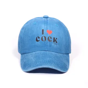 Blue washed denim baseball cap with I Love Cocktails letter print and red heart