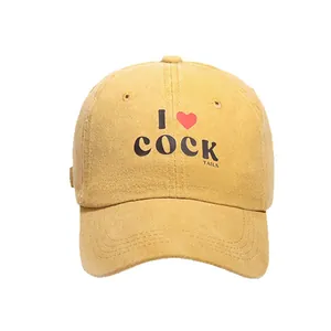 Mustard yellow washed cotton baseball cap featuring vintage I Heart Cocktails print