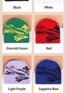 Detail view of colorful knit beanies featuring frog graphics in six street style colors