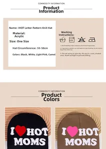 Detail view of acrylic knit beanie with heart lettering embroidery and sizing specs