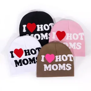 I Heart Hot Moms Letter Heart Jacquard Knitted Beanie Hat Warm Winter Cuff Skull Cap For Men Women Y2K Streetwear Accessories