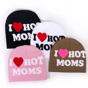 Variety of knitted beanies with I Heart Hot Moms text in black, white, pink and brown