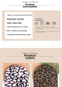 Detailed chart of leopard knit beanie showing acrylic material and 55-58cm head size