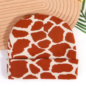 Y2K camouflage jacquard knit beanie with giraffe print and cuffed design for winter