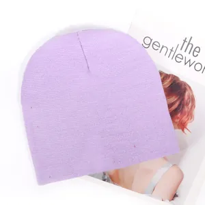 Solid light purple acrylic knitted beanie hat for men and women on a white background