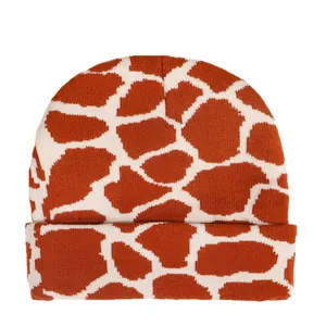 Y2K camouflage jacquard knitted beanie with giraffe pattern and thick rolled edge