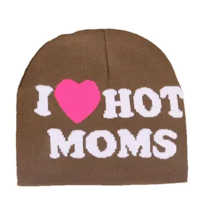 Brown knitted beanie hat with I Love Hot Moms slogan and pink heart in Y2K style