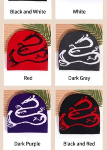 Vista de cuadrícula detallada de gorros de punto con jacquard de dragón en seis colores