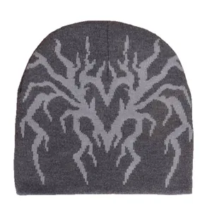 Dark grey Y2K beanie with light grey spider web jacquard knit pattern for winter fashion