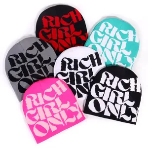 Women Rich Girl Only Letter Jacquard Knitted Beanie Hat Warm Acrylic Winter Streetwear Hip Hop Trendy Skull Cap
