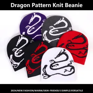 Gorro de Punto Unisex Y2K con Patrón de Dragón Streetwear Hip Hop Cálido de Acrílico Gorro de Invierno para Hombre Mujer
