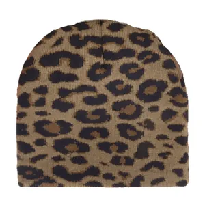 Thick leopard print knitted beanie hat in warm brown and black tones for winter warmth