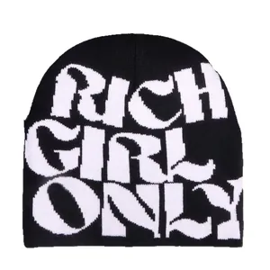 Streetwear knitted beanie with white Rich Girl Only jacquard lettering in black and white