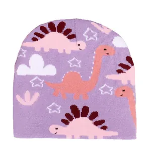 Purple knitted beanie featuring pink dinosaur, white clouds, and star patterns for children