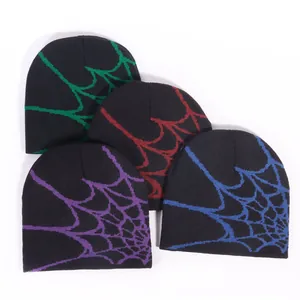 Y2K street style spider web beanies in four neon colors on a clean white background