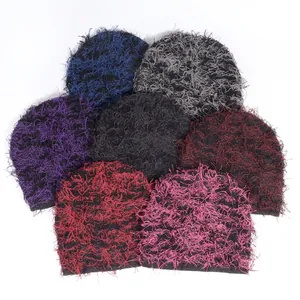 Unisex Winter Faux Fur Knitted Beanie Hat Distressed Fluffy Warm Streetwear Hip Hop Jacquard Skull Cap For Outdoor Cycling