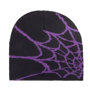 Y2K style black knitted beanie with purple spider web pattern for winter warmth