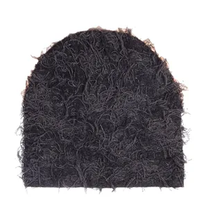 Winter fuzzy knitted beanie hat in dark grey with soft long-fiber mohair texture