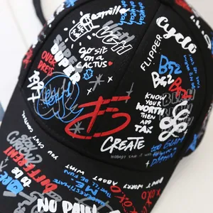 Close-up of street graffiti patterns and colorful printed text on a black cotton baseball cap
