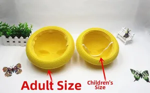 Set of yellow straw hats for adults and kids featuring breathable woven texture and chin strap