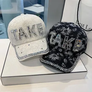 Fashion Women Rhinestone Letter Lace Baseball Cap Floral Embroidery Sun Protection Mesh Hat Adjustable Outdoor Headwear